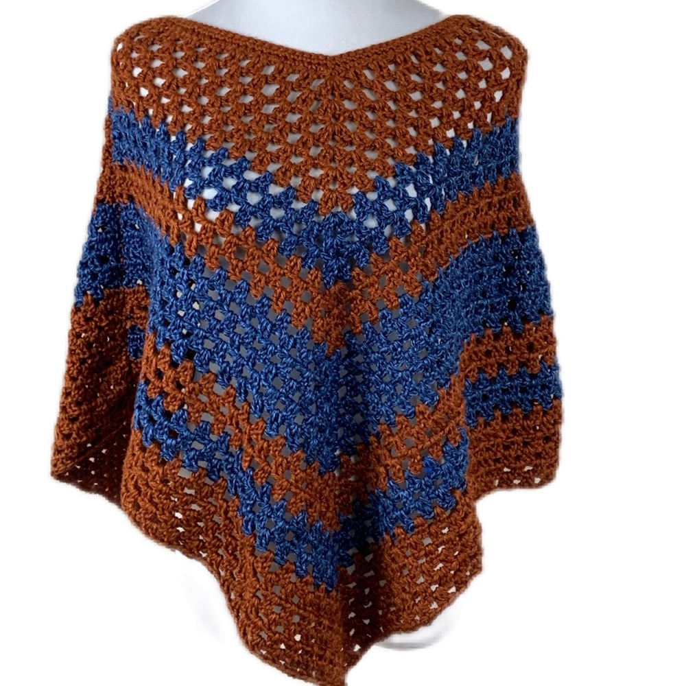 Hand Crocheted Brown/Blue Boho Poncho | NWOT